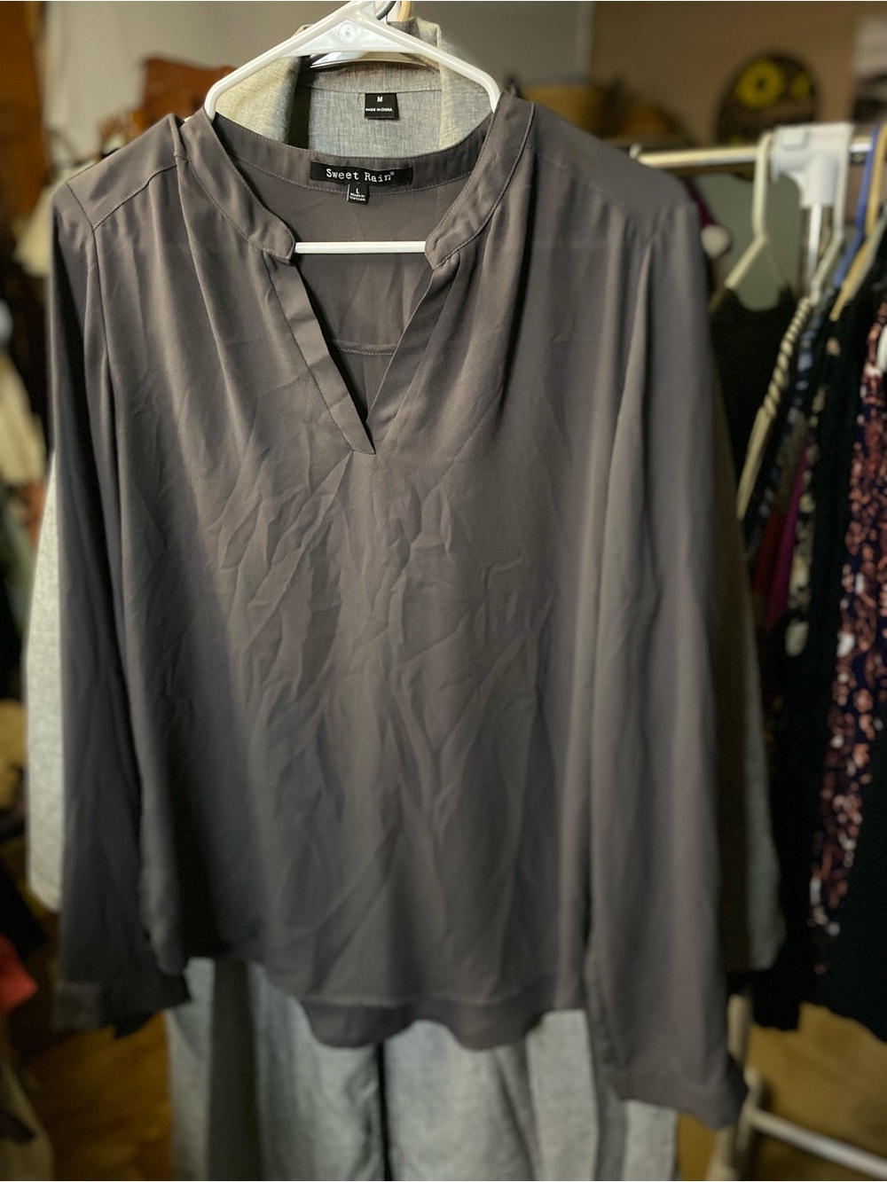 Sweet Rain Long-Sleeve V-Neck Blouse in Charcoal Gray